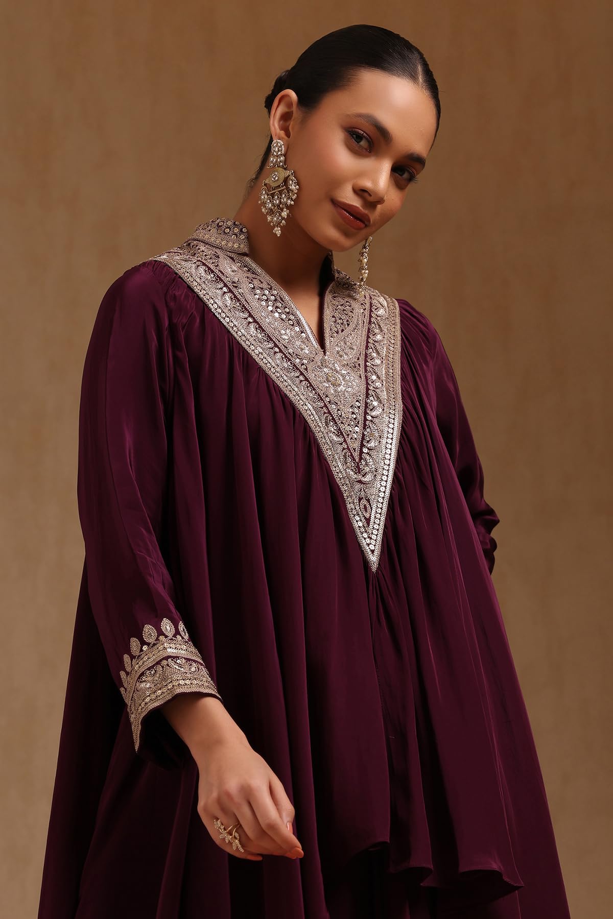 Soch Womens Wine Crepe Embroidered Co-Ord Set With Sequins
