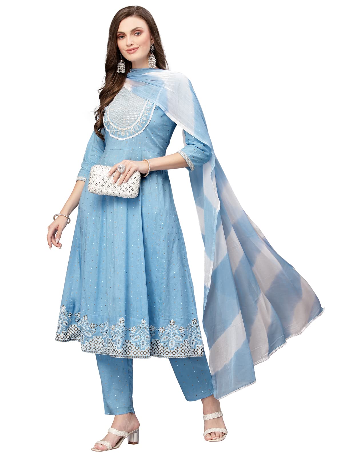 Stylum Women's Printed & Embroidered Cotton Anarkali Kurta Pant Dupatta Set