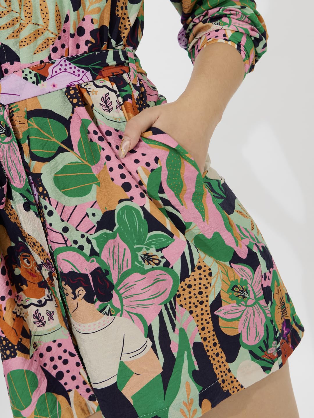 The Souled Store Official Disney: Encanto Women and Girls Long Sleeves Collared Neck Button Front Viscose Blend All Over Printed Shirt Dresses Multicolour