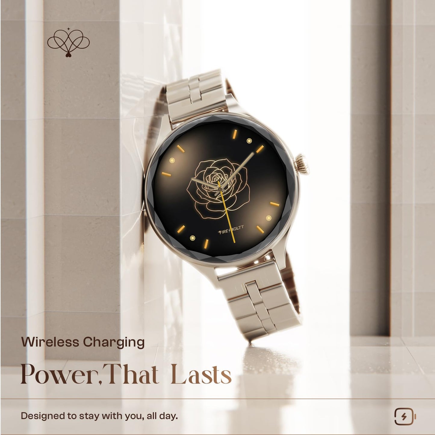 Fire-Boltt Phoenix Aura Women Smart Watch with 1.26” Diamond-Cut HD Display, Rotating Crown, Wireless Charging, Bluetooth Calling, Voice Assistant, 120+ Sports Modes - Silk Champagne