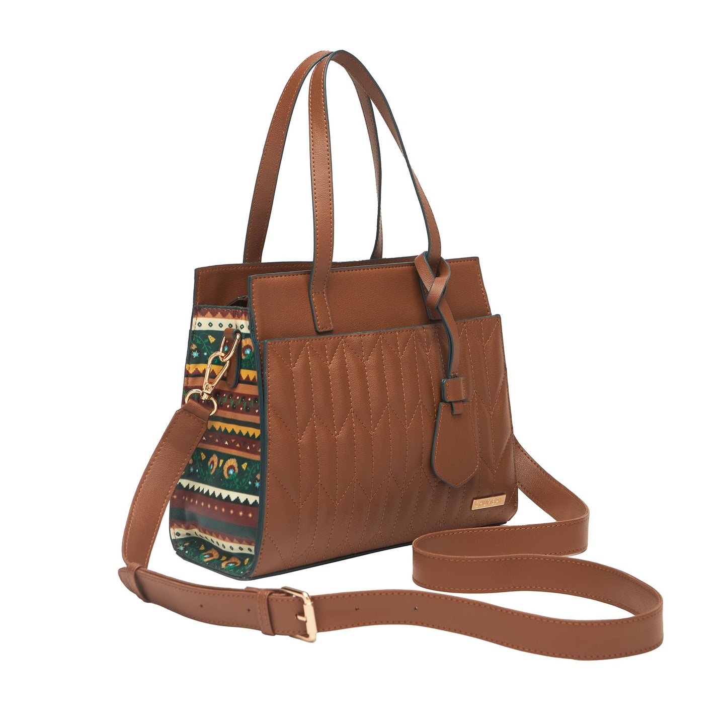 Chumbak Mara Handbag for Women, Tan Floral Print, Digital Nomad Collection, PU Leather Shoulder Bag with Zipper, Stylish and Lightweight Handbag for Travel and Daily Use