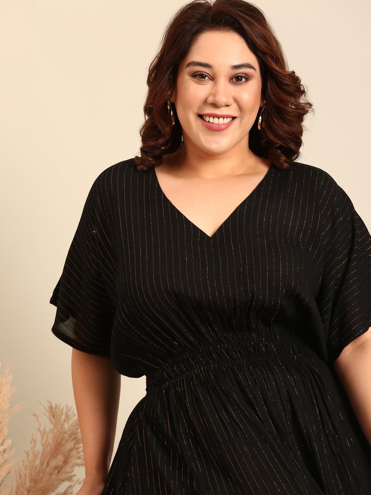 The Pink Moon Women's Maxi Plus Size Black and Gold Lurex Dress with Waist Smocking Dress - (DRS_SMKING_GOLDLX_Black_2XL)