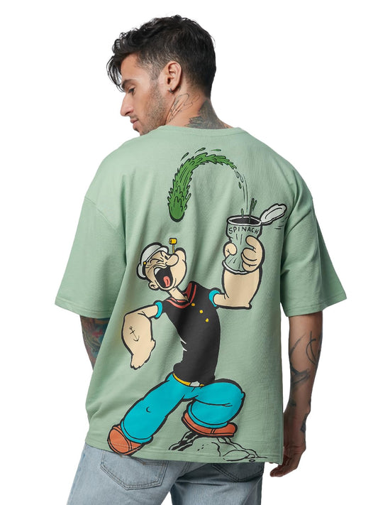 The Souled Store Official Popeye: Spinach Power Men Oversized T-Shirts Sage Green