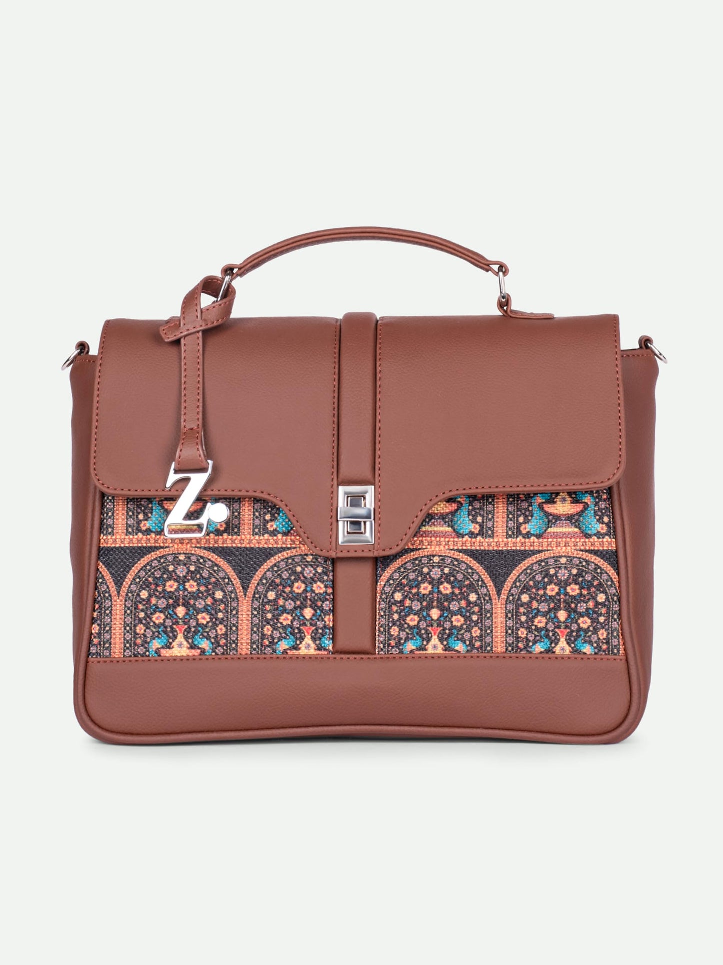 ZOUK | Royal Indian Peacock Motif Women's Vegan Leather Nessa Satchel | Kriti Sanon Collection | Stylish Handbag with Adjustable Strap, Top Handle | Motif