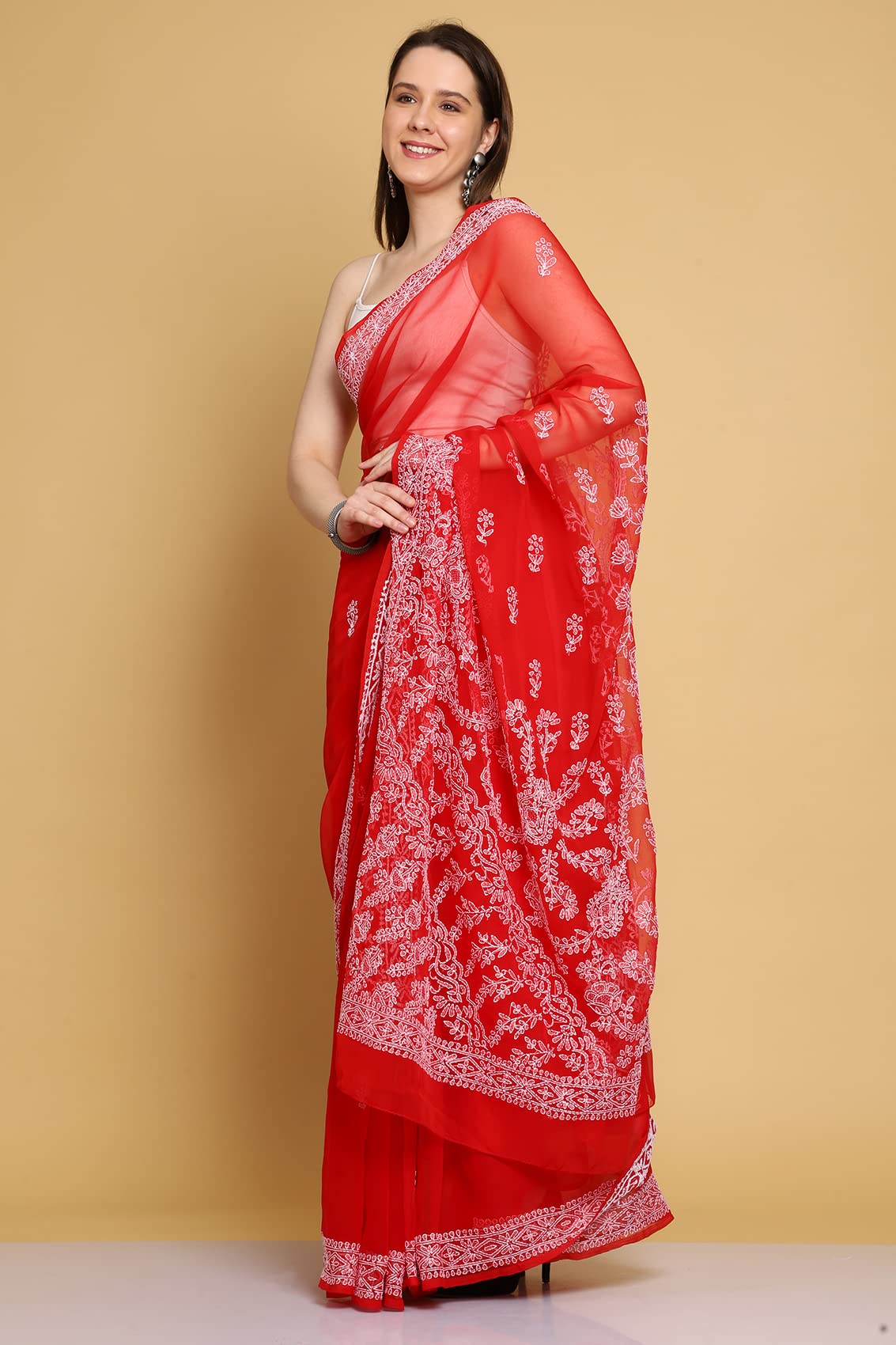 Ada Handcrafted Lucknowi Red Georgette Chikan Saree with Blouse Piece for Women A130218