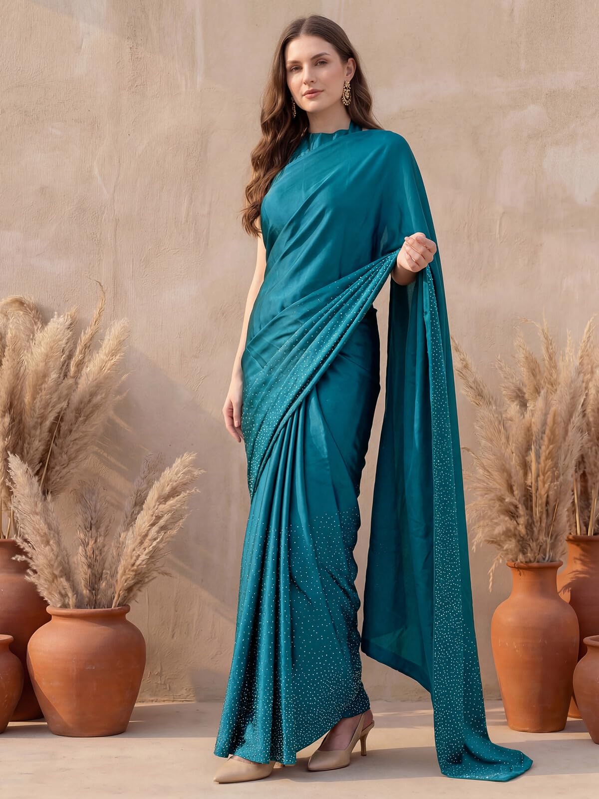 SIRIL Women's Satin Silk Dyed Embellished Saree with Unstitched Blouse Piece (3111S413AAA_Teal Blue)
