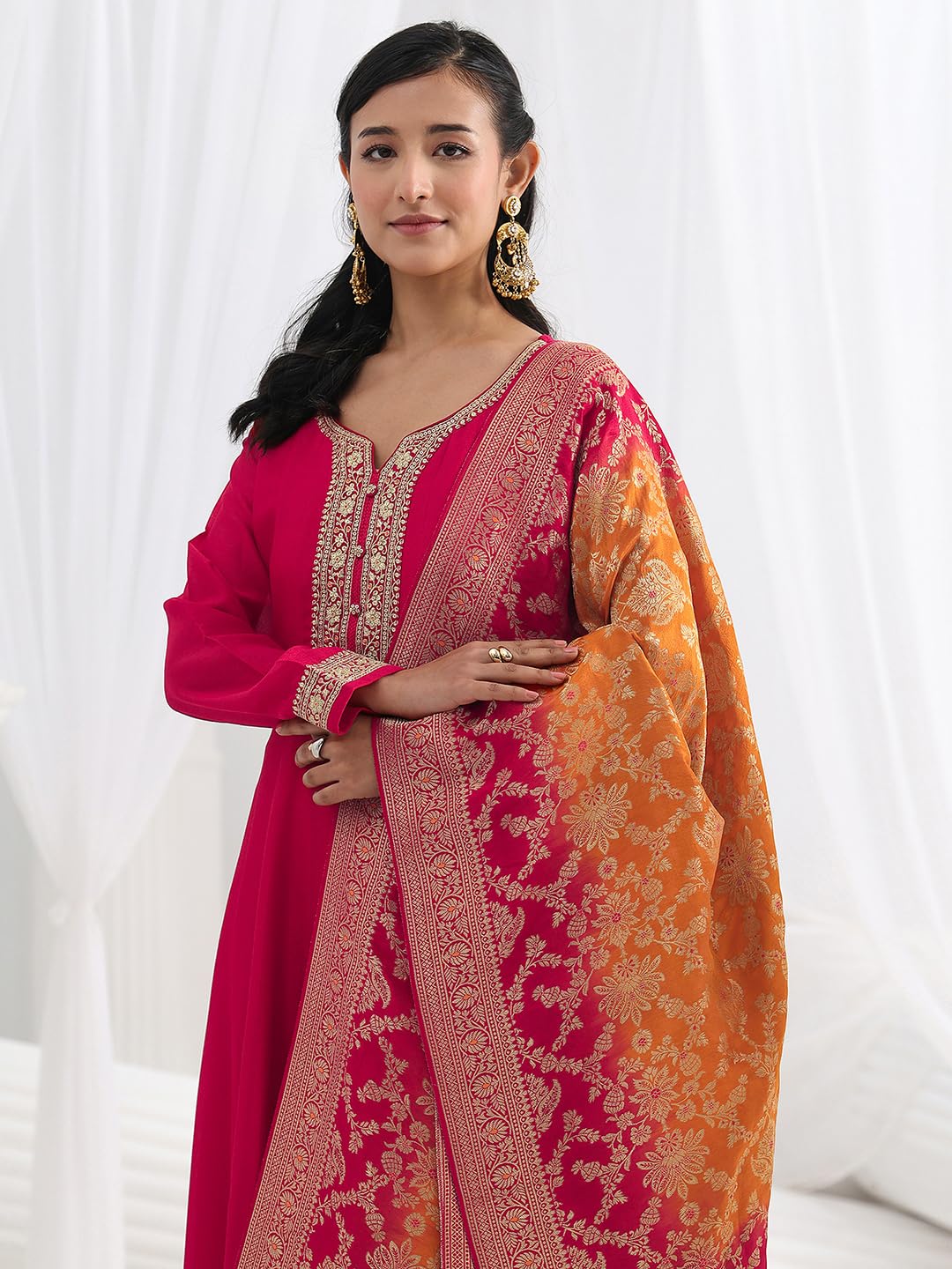 Libas Embroidered Silk Blend A-Line Ethnic Dress with Dupatta-93607M