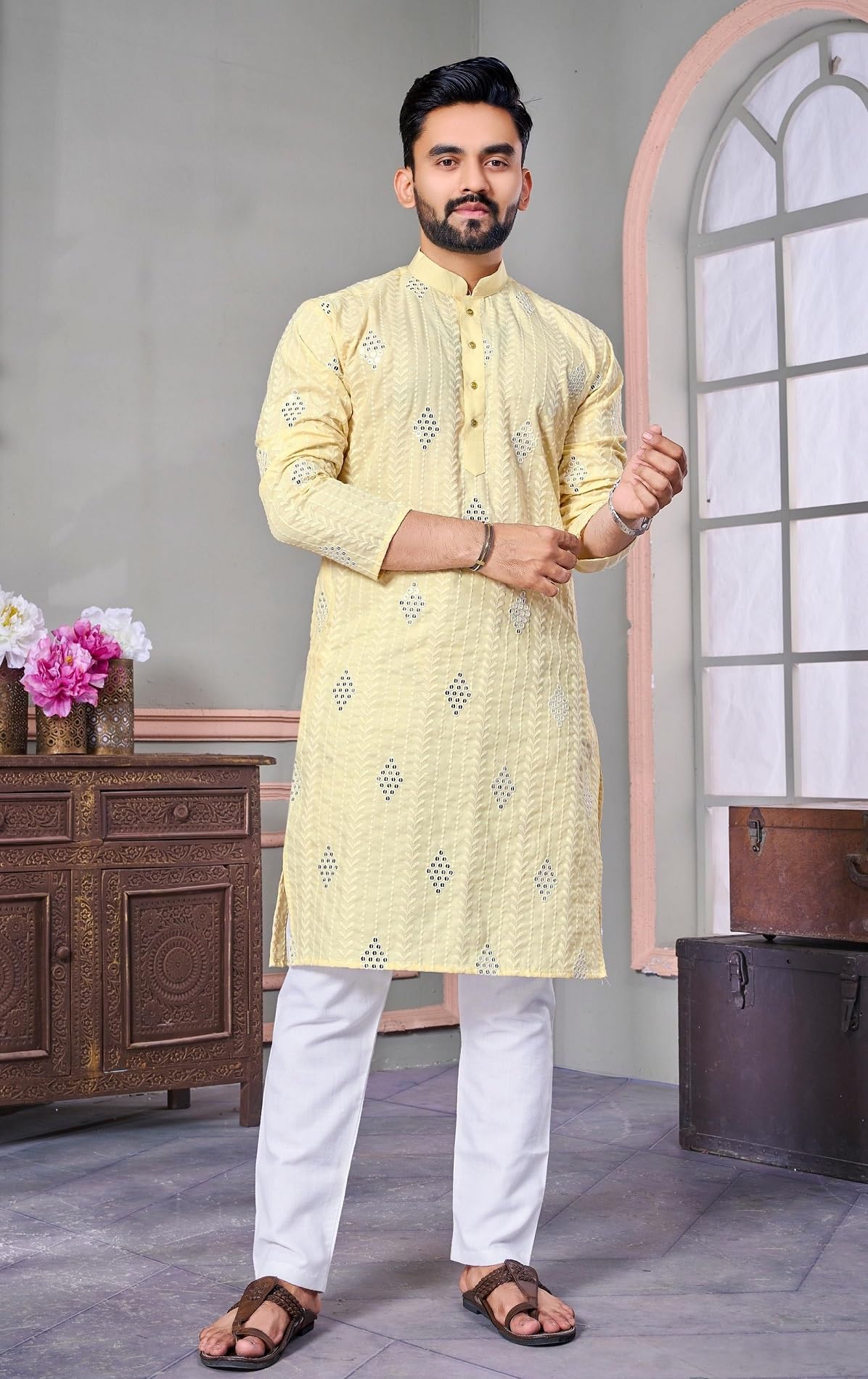 LAZZLY Men's Traditional Cotton Embroidery Mirror for Men Only Kurta (in, Alpha, M, Regular, MCC_Yellow)