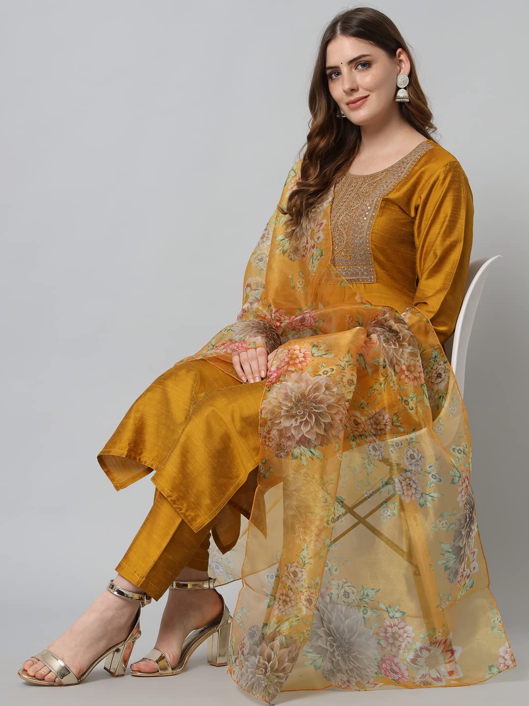 VredeVogel Women's Embroidered Floral Cotton Silk Blend Kurta Pant and Dupatta Set (Mustard_X-Large)