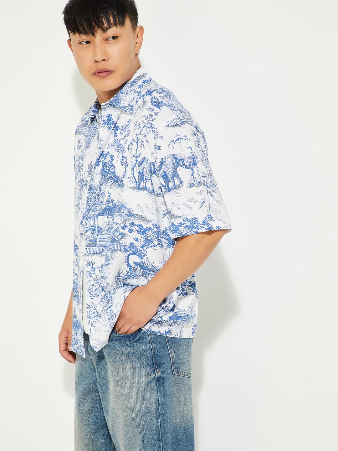 Max URB_N Men Printed Oversized Shirt (Blue_M)