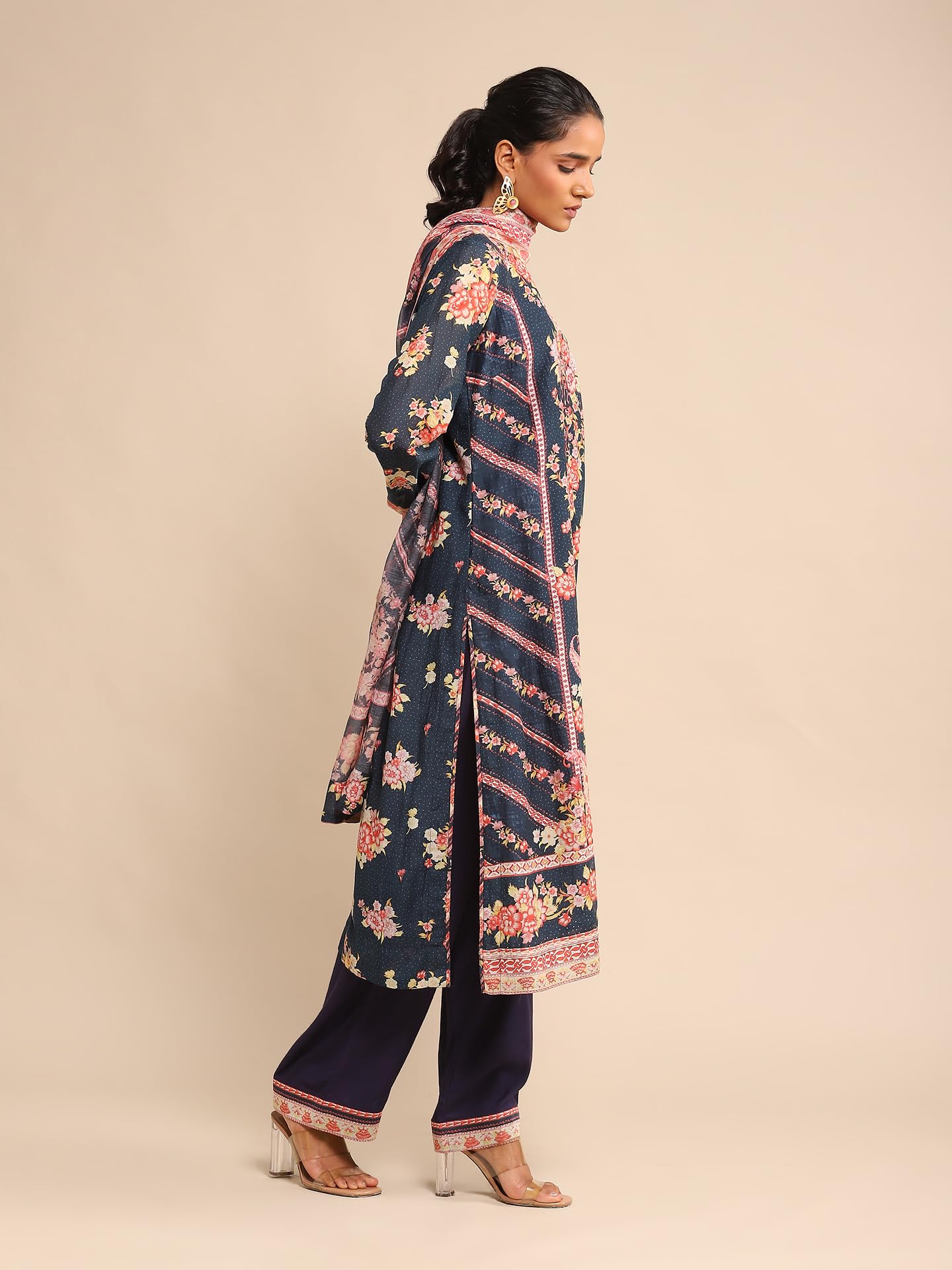 Ritu Kumar Navy Floral Print Chanderi Kurta With Palazzo And Dupatta