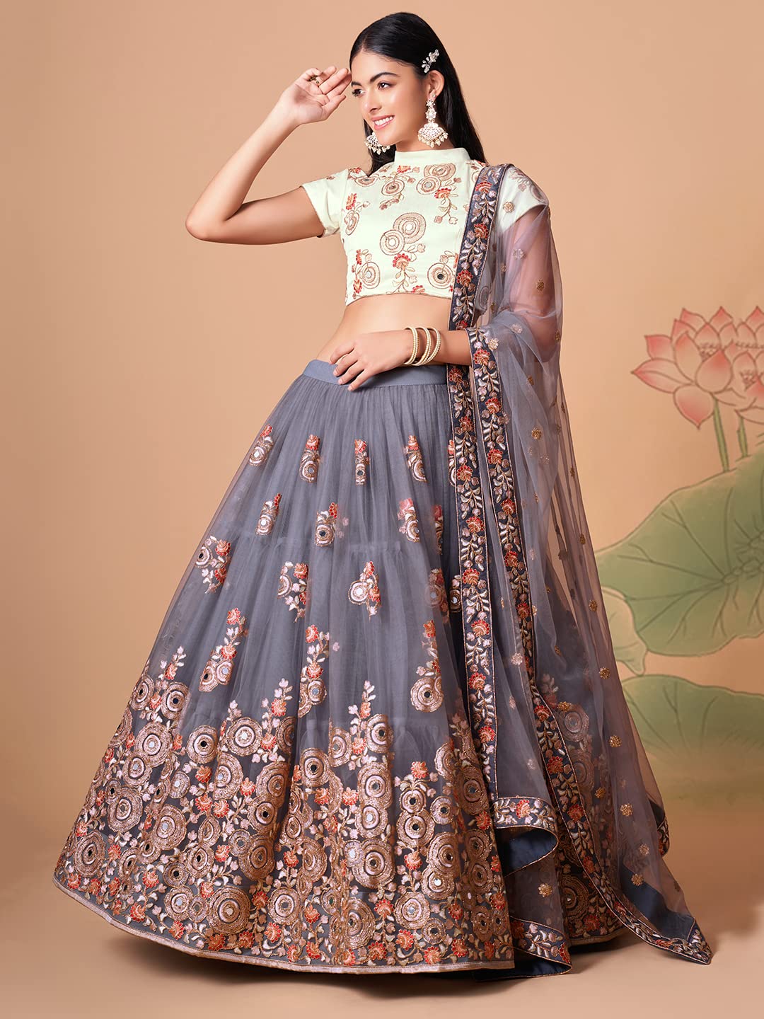 Zeel Clothing Women's Net Embroidered Semi-Stitched Bridal New Lehenga Choli with Dupatta (7321-Grey-Wedding-Bridal-Latest-Lehenga; Free Size) (Grey)
