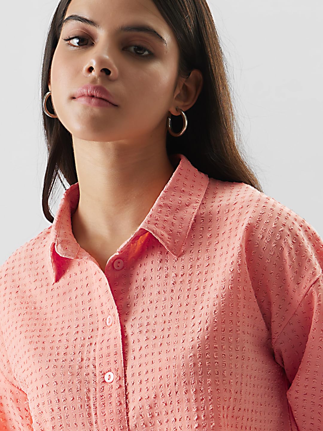 The Souled Store Original Solids: Peach Cotton Cropped Shirts for Women Cropped Shirts Fashionable Trendy Graphic Prints Pop Culture Merchandise Shirts Casual Button-Down Half Sleeve Printed Graphic