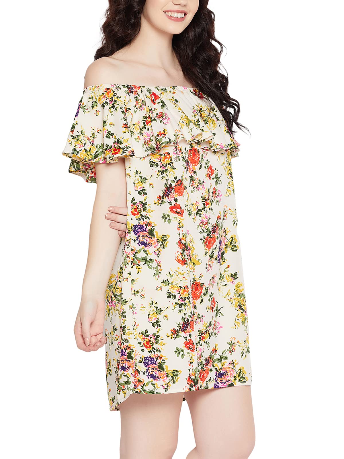Clovia Women's Crepe Pretty Florals Resortwear Bardot Dress (RW0018P18_White_S)