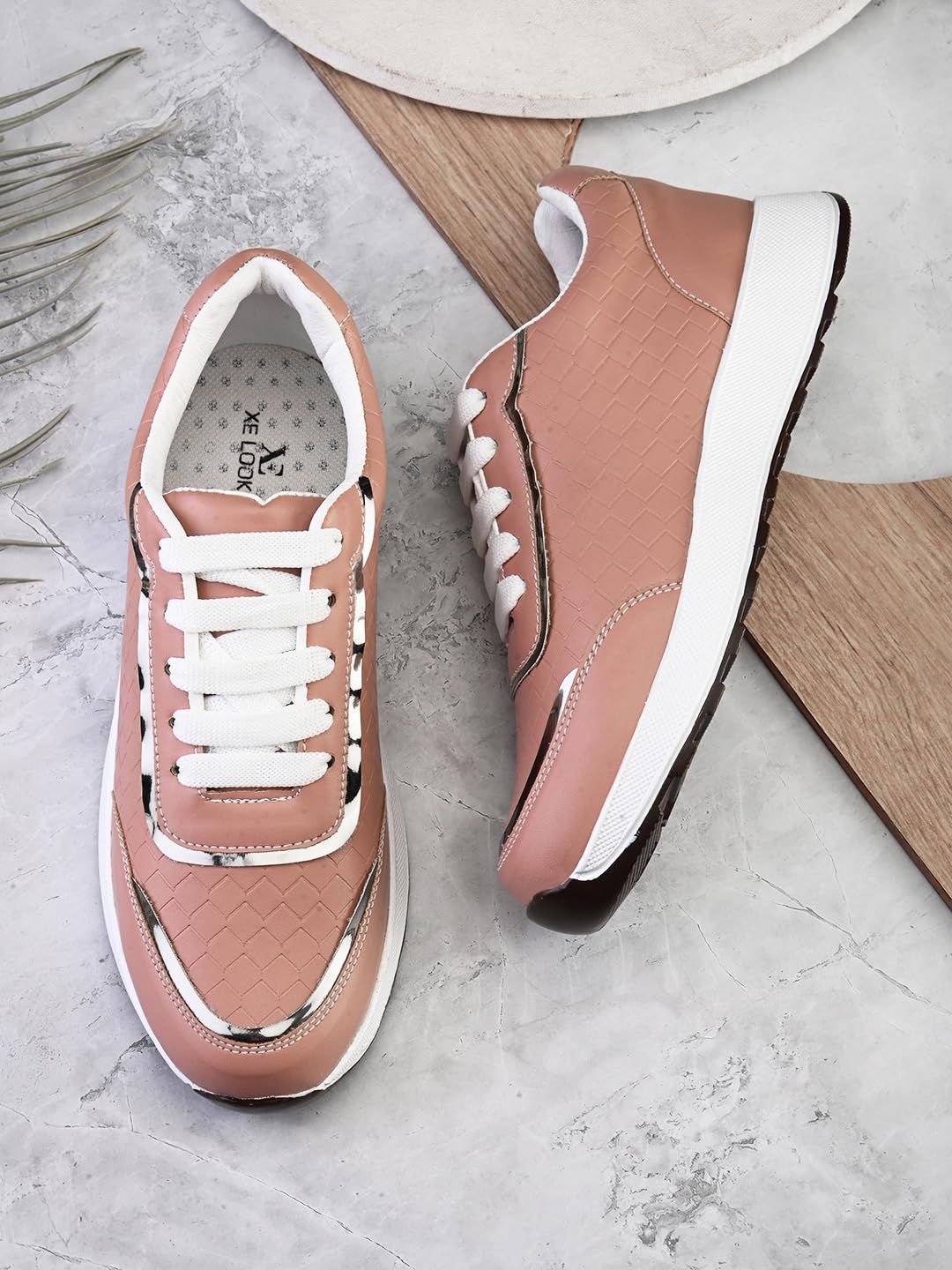 XE Looks Women's Peach Lace-Up Sneakers | Textured Design with Cushioned Sole | Trendy and Comfortable Sneaker Shoes For Girls & Women