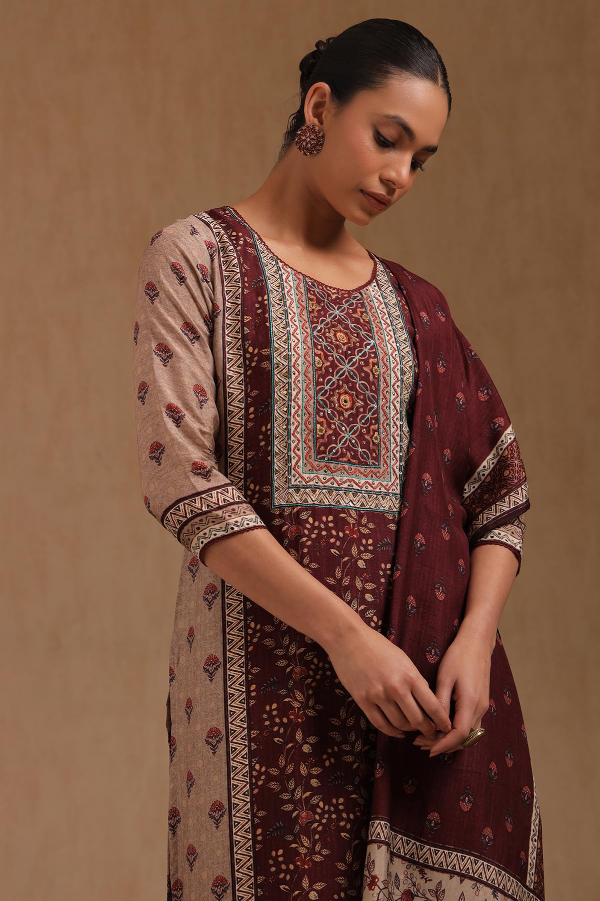 Soch Womens Dola Silk Botanical Print Suit Set With Cutdana