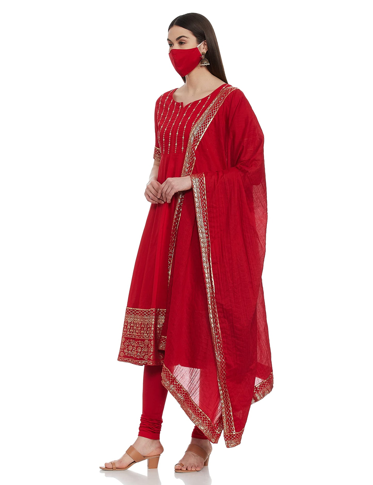 BIBA Women Embroidery Fitted Cotton Blend Salwar Kurta Dupatta(Skd7459E_Red_38)