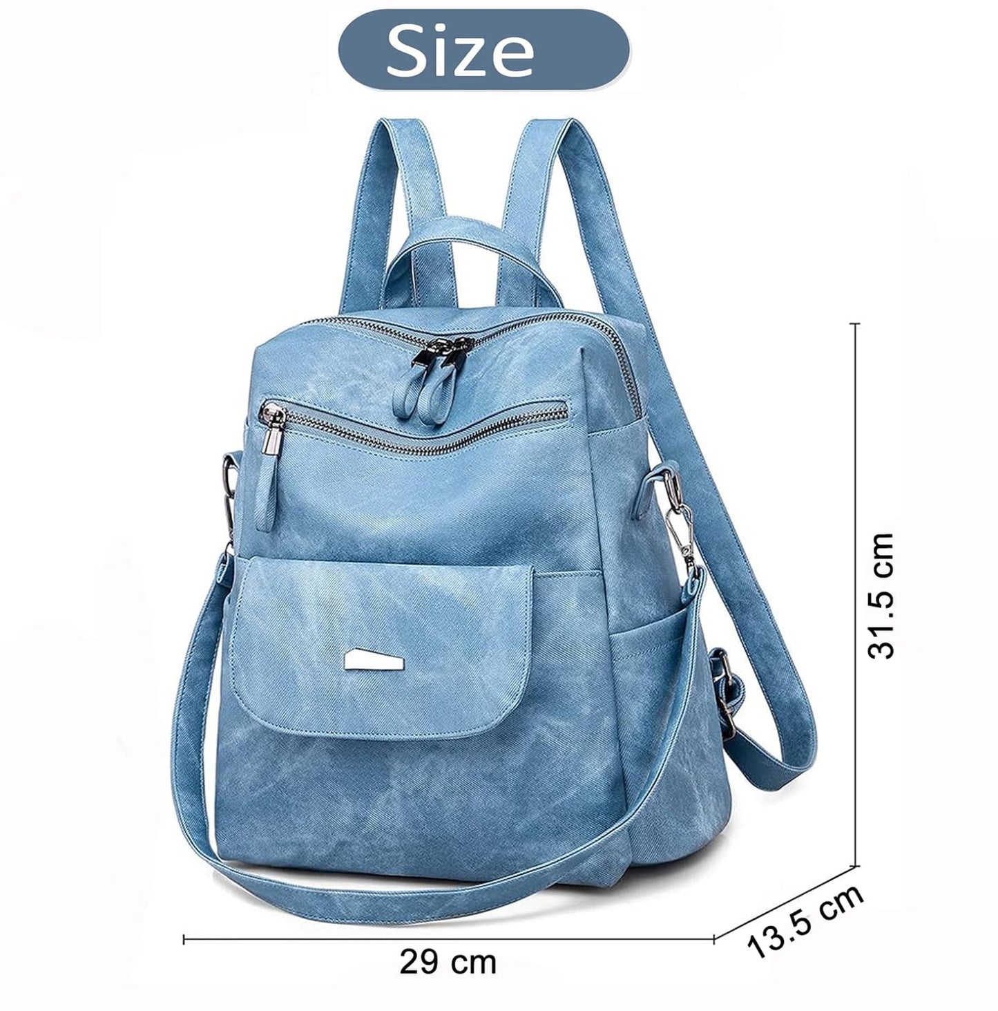 INOVERA (LABEL) Backpack for Women, Girls - Faux Leather Travel Shoulder Backpacks with Adjustable Strap - Ladies Stylish Handbag Purse (Blue)