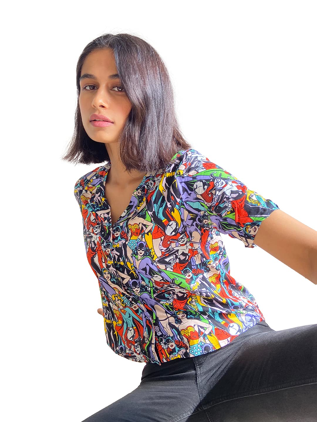 The Souled Store DC: Girl Gang Womens and Girls Graphic Printed Cotton Women Hawaiian Shirts Multi-Colored Women Summer Shirts Fashionable Trendy Graphic Prints Pop Culture Merchandise