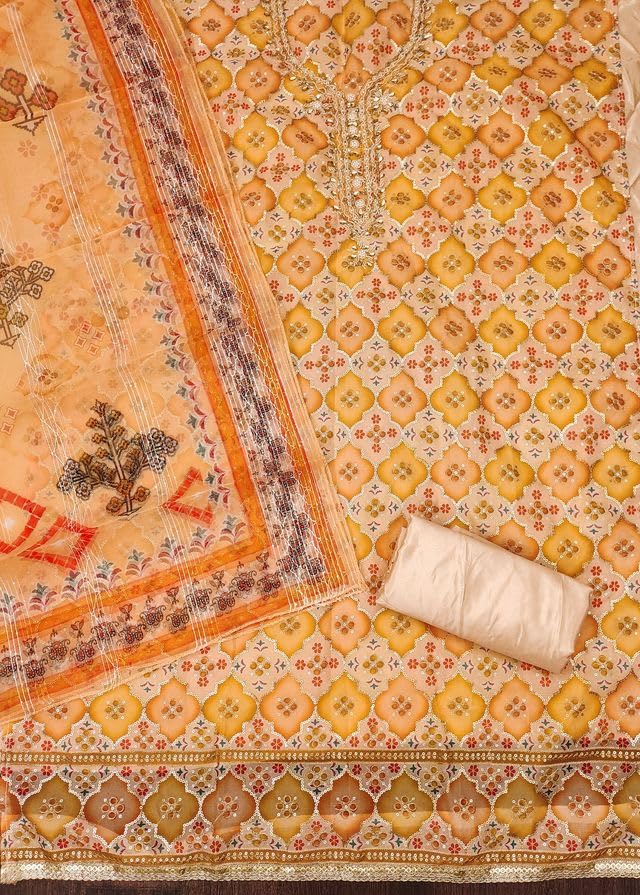 VARNI FABRICS Organza Dress Material for Women Ikat Pattern Unstitched Woman Salwar Suit Dress Material with Organza Dupatta Mustard Yellow