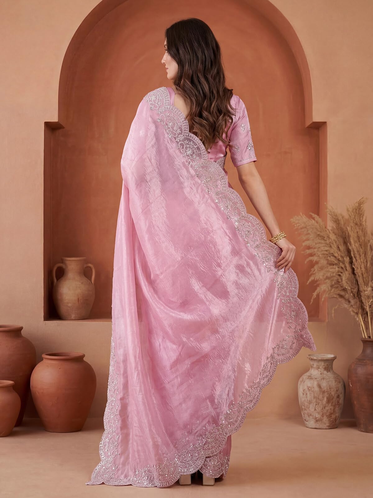 SIRIL Women's Tissue Silk Sequins Embroidery Saree with Unstitched Blouse Piece (4282S6778AA_Rose Pink)