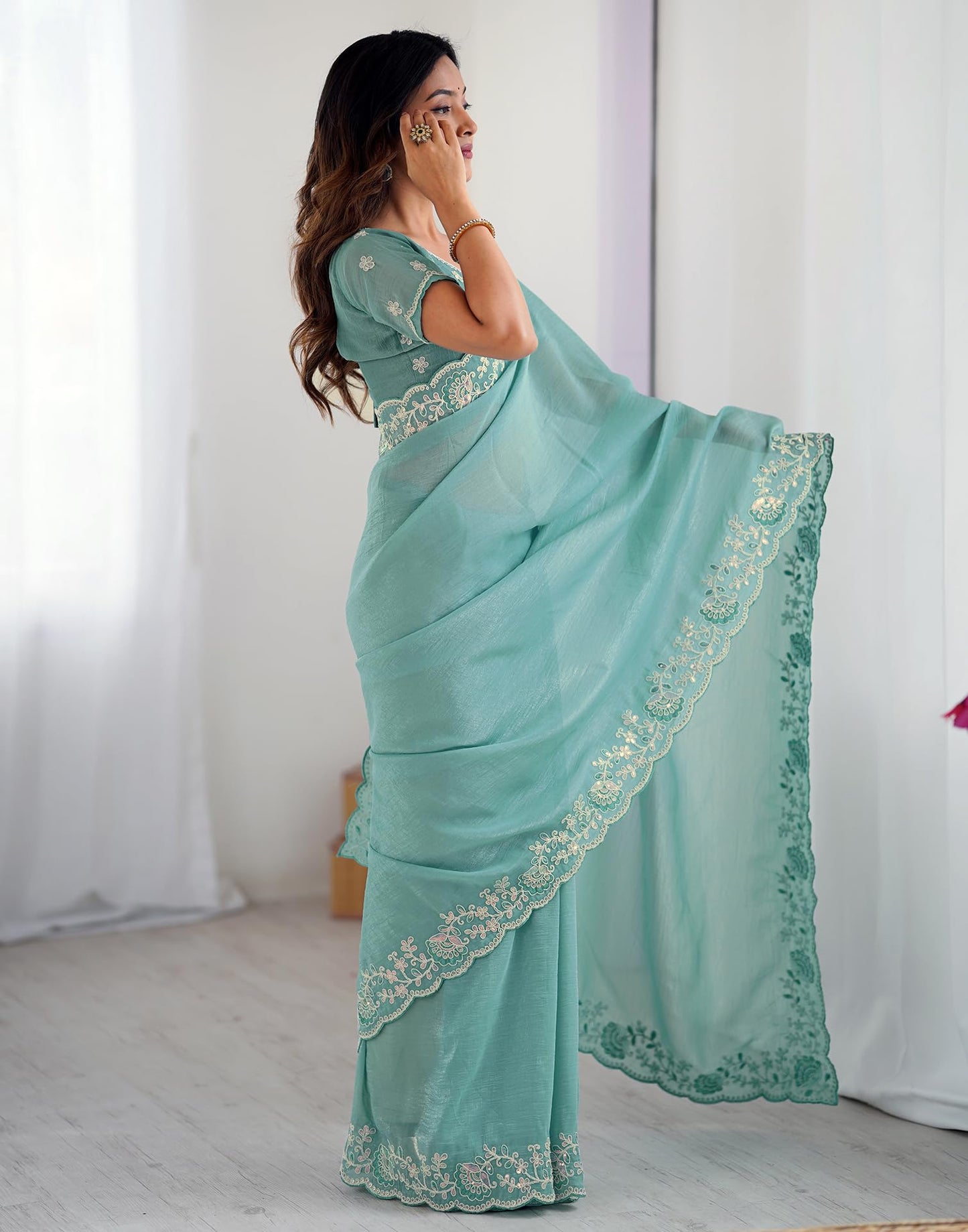 SIRIL Women's Shimmer Chiffon Sequence Embroidery Saree with Unstitched Blouse Piece (4487S456_Sea Blue)