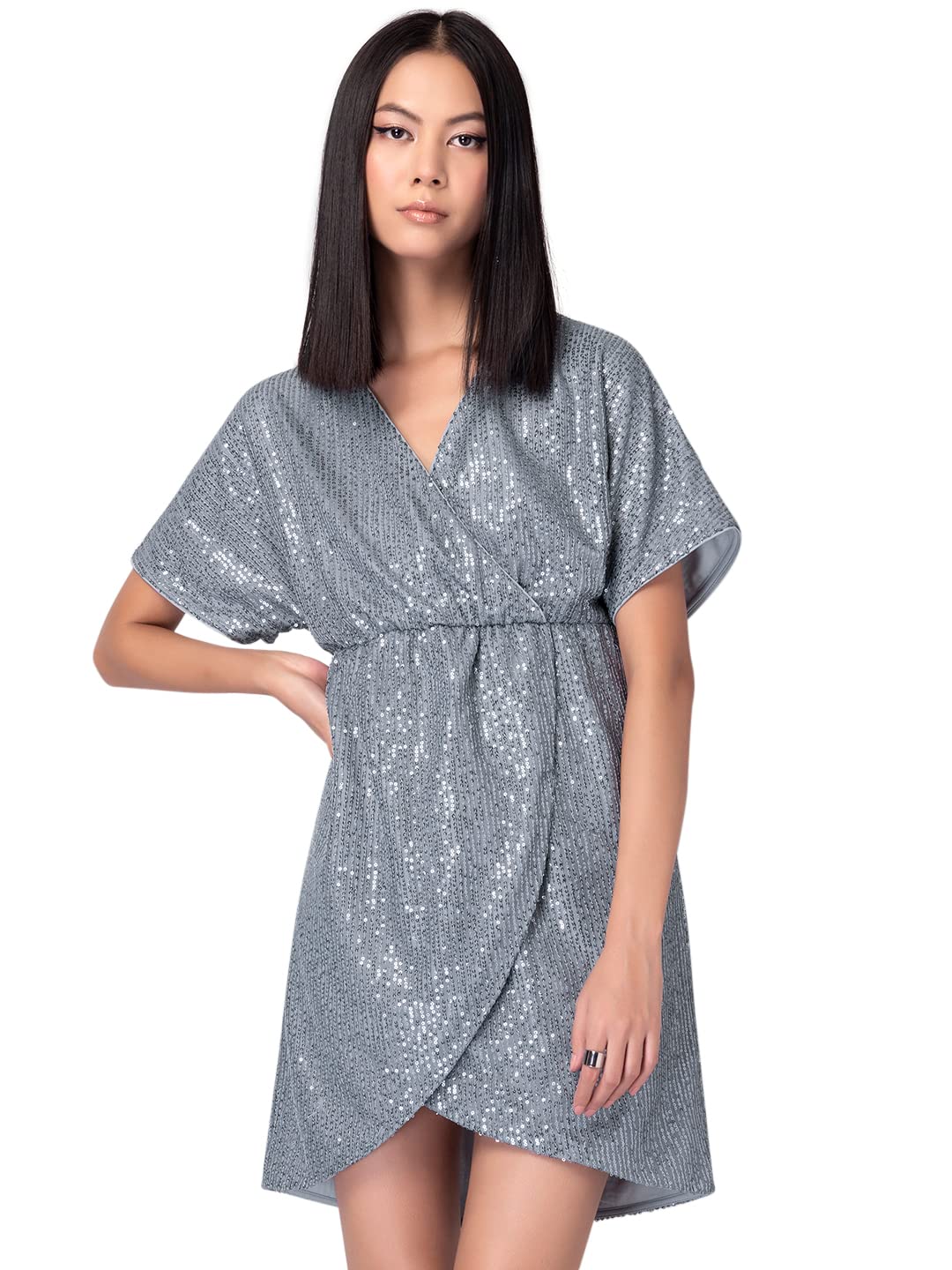 FabAlley Women's Net Silver Sequin Wrap Dress Mini (DRS05439 S)