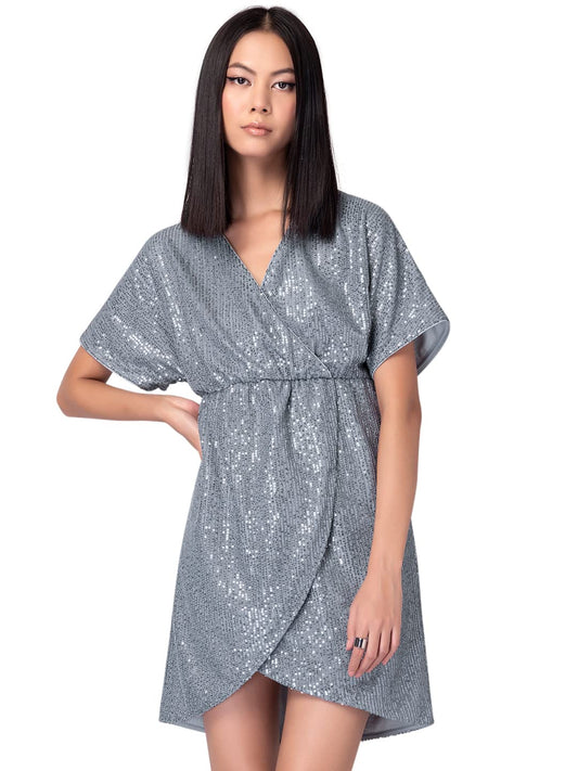 FabAlley Women's Net Silver Sequin Wrap Dress Mini (DRS05439 S)