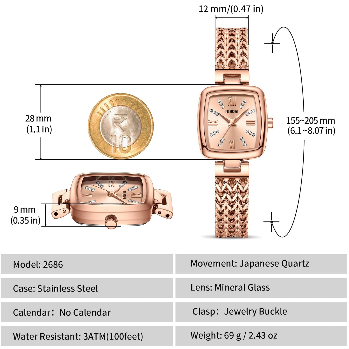 IBOSI Women Watches Analog Quartz Diamond Square Ladies Watch Stylish Elegant Waterproof Stainless Steel Jewelry Bracelet (Rose Gold)
