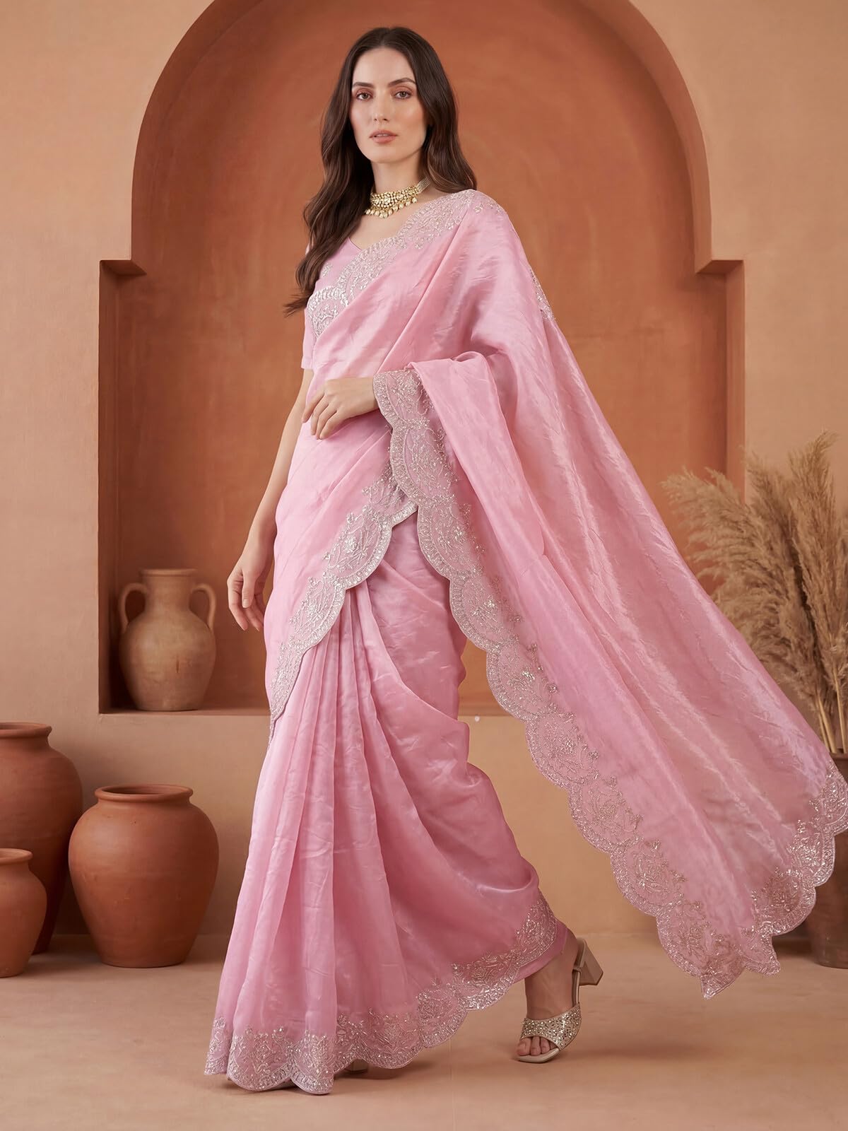 SIRIL Women's Tissue Silk Sequins Embroidery Saree with Unstitched Blouse Piece (4282S6778AA_Rose Pink)