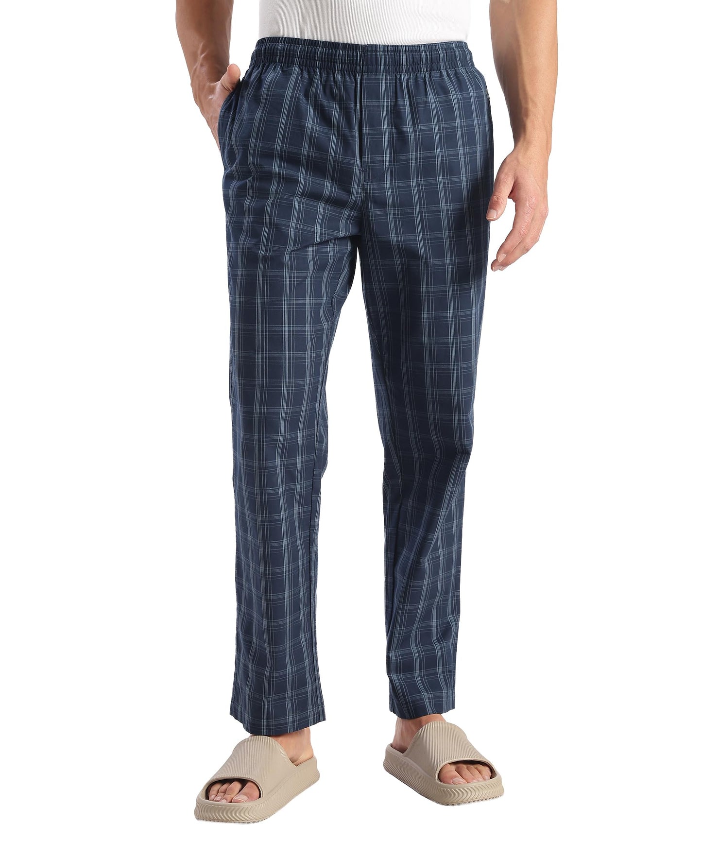 Jockey 9009 Men's Super Combed Cotton Woven Fabric Regular Fit Checkered Pyjama with Side Pockets_New Navy_XXL