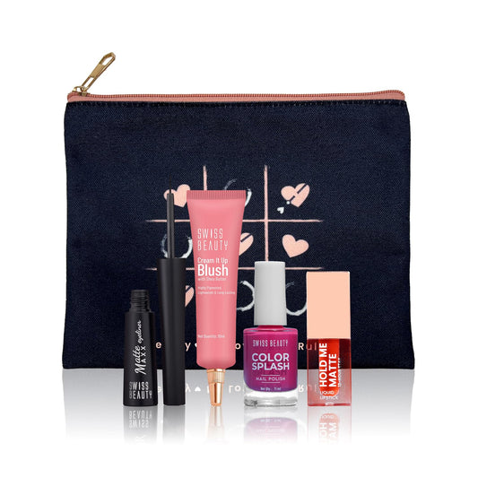Swiss Beauty Gift Your Heart Out Makeup Kit | With 4 Makeup Essentials | Cream It Up Blush | Color Splash Nail Polish | Matte Maxx Eyeliner | Hold Me Matte Mini Liquid Lipstick | Gift For Her | Valentine’s Day Gift