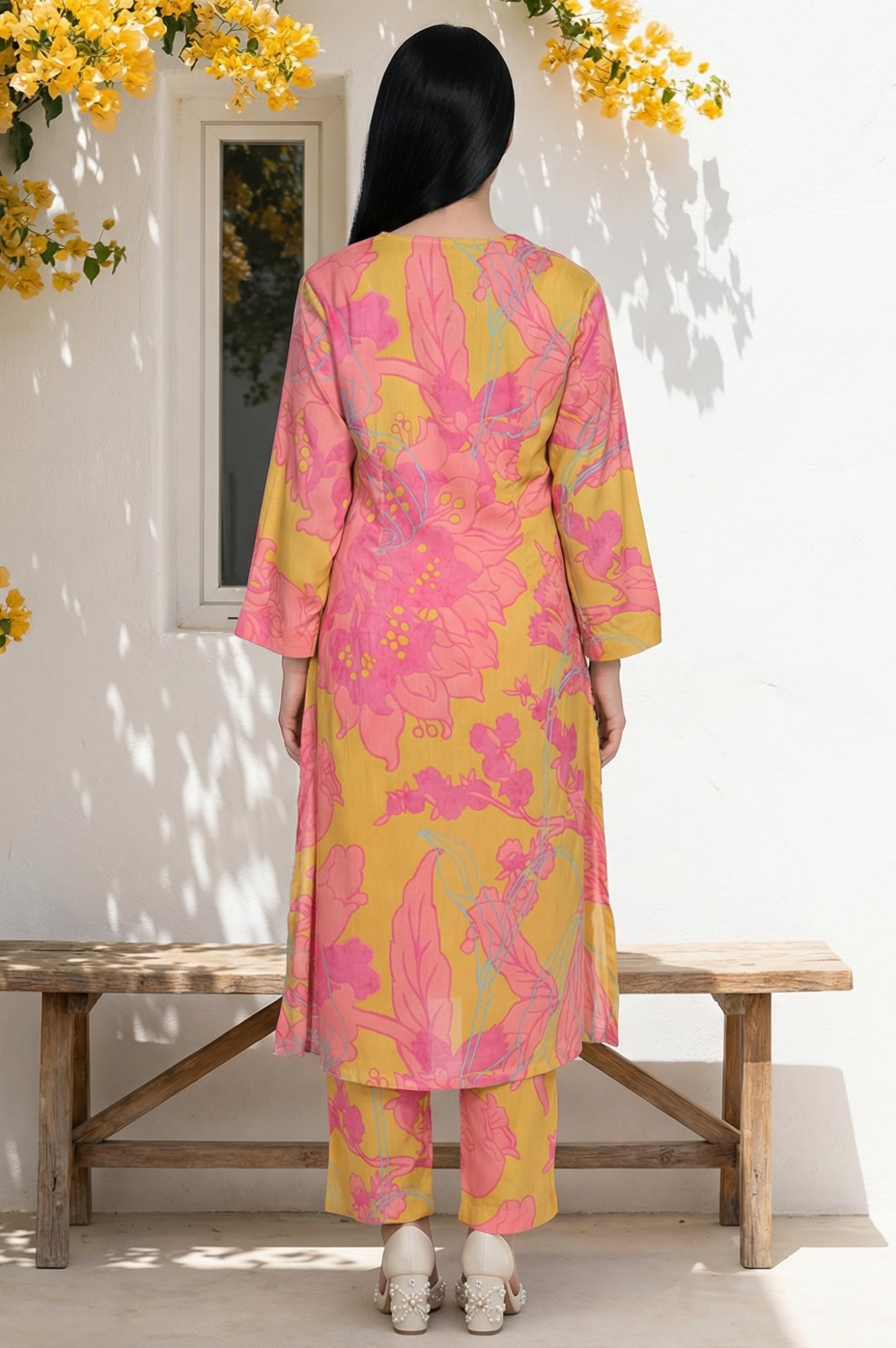W for Woman Yellow Floral Printed Modal Straight Kurta with Straight Pant Set - (WS13917-127647-XL)