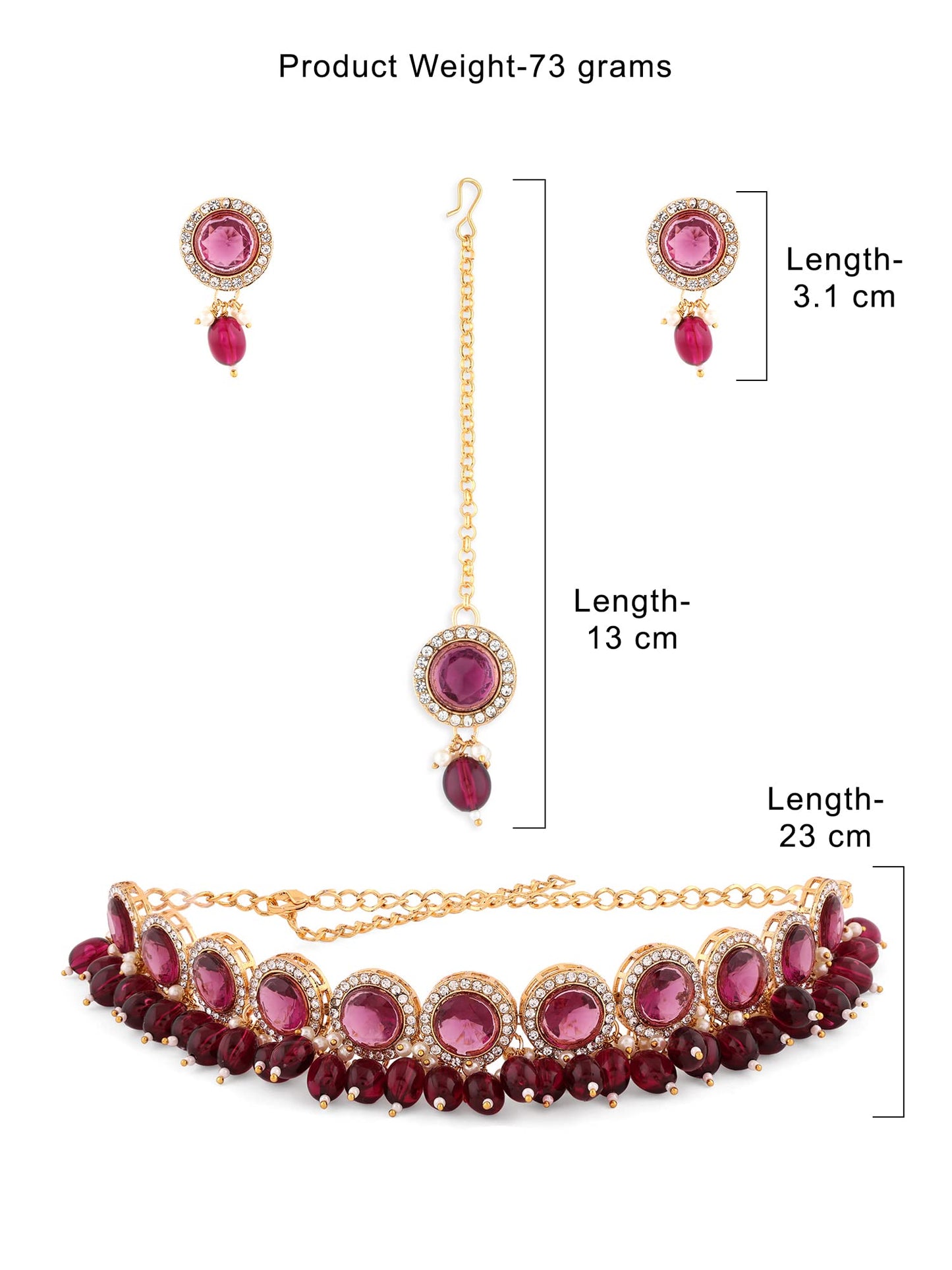 ZAVERI PEARLS Wine Color Stones & Cluster Beads Choker Necklace Earring Maangtikka & Ring Set For Women-ZPFK14598
