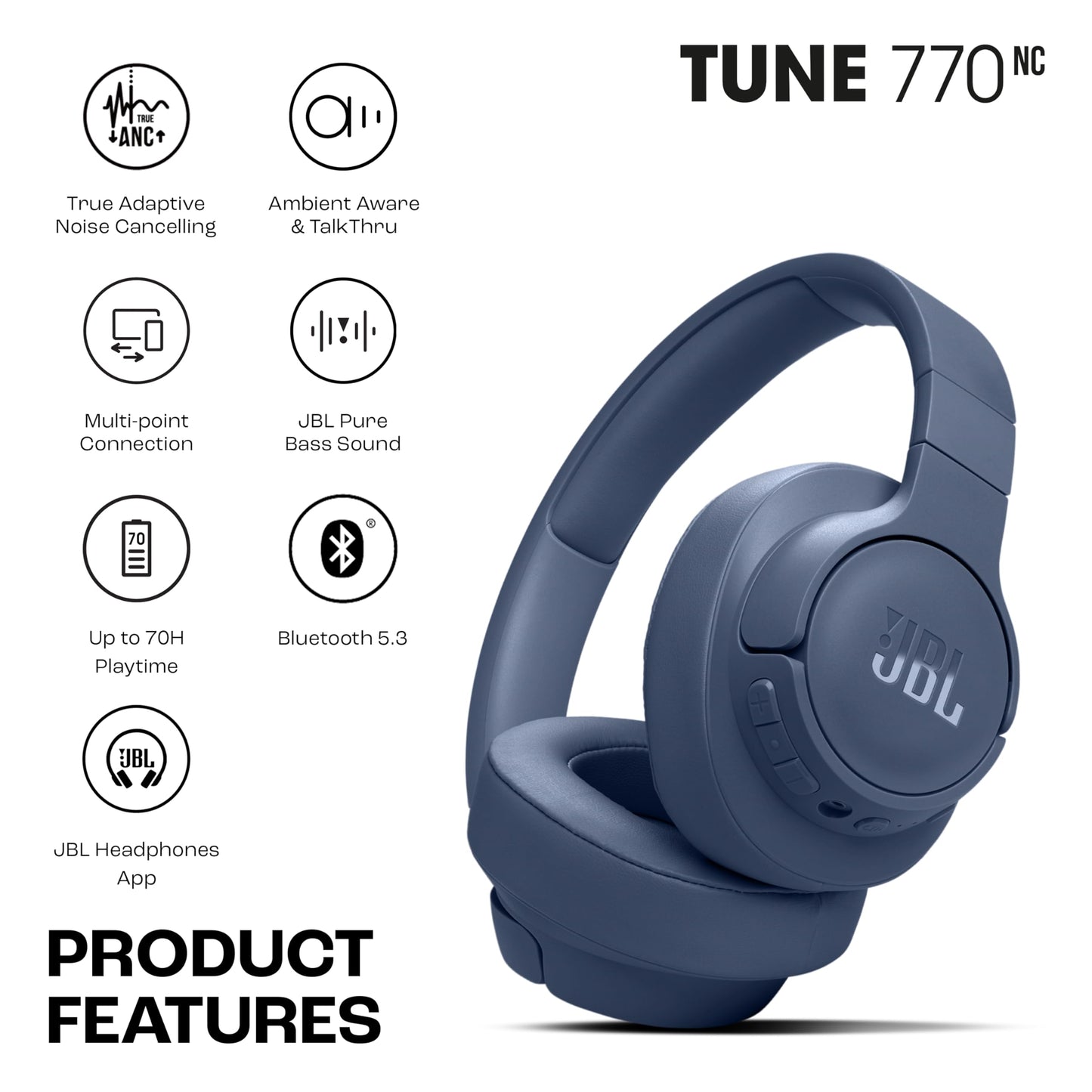 JBL Tune 770NC Wireless Over Ear ANC Headphones with Mic, Upto 70 Hrs Battery, Speed Charge : 5 min Charge Gives up to 3H of Playback, Google Fast Pair, Dual Pairing, BT 5.3 (Blue)
