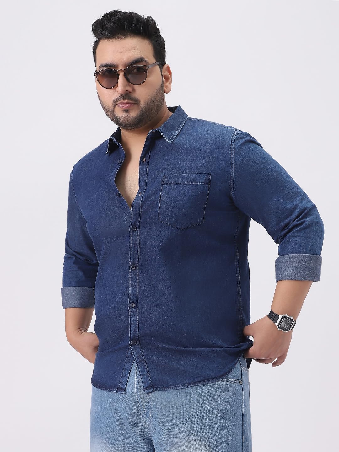 Urbano Plus Men's Dark Blue Regular Fit Full Sleeve Washed Denim Shirt (plusshirtdentowlp-02-dblue-4xl)