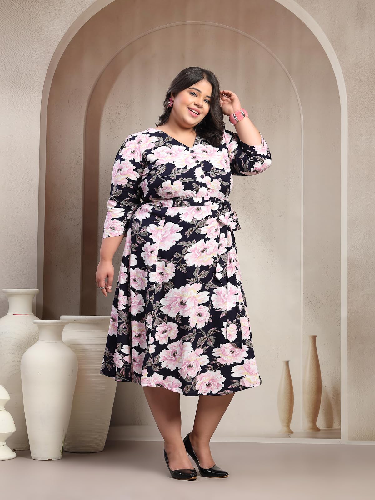 Women Plus Size Floral Print Puff Sleeve Maxi Dress (LDR20244-NAVYPINKFLORAL-6XL)