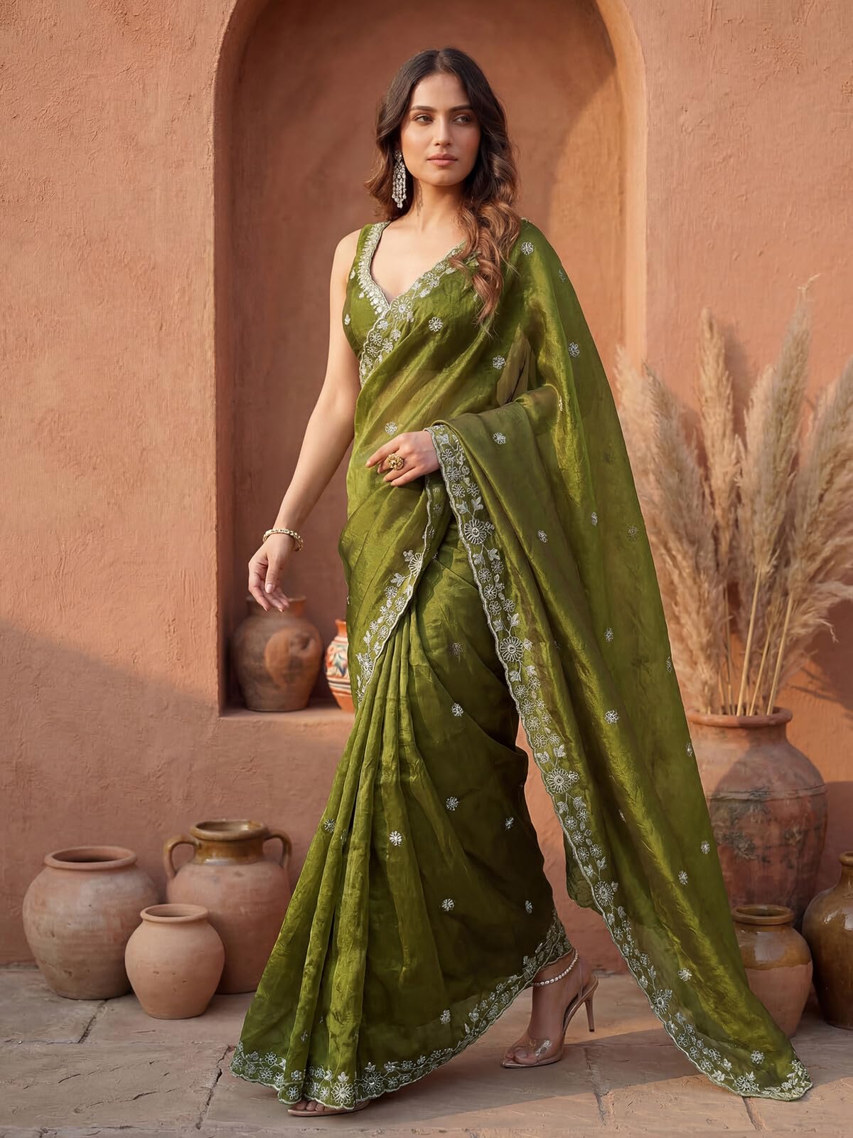 SIRIL Women's Tissue Silk Scalloped Border Embellished Sequins Embroidery Saree with Unstitched Blouse Piece (4793S141A_Mehndi Green)