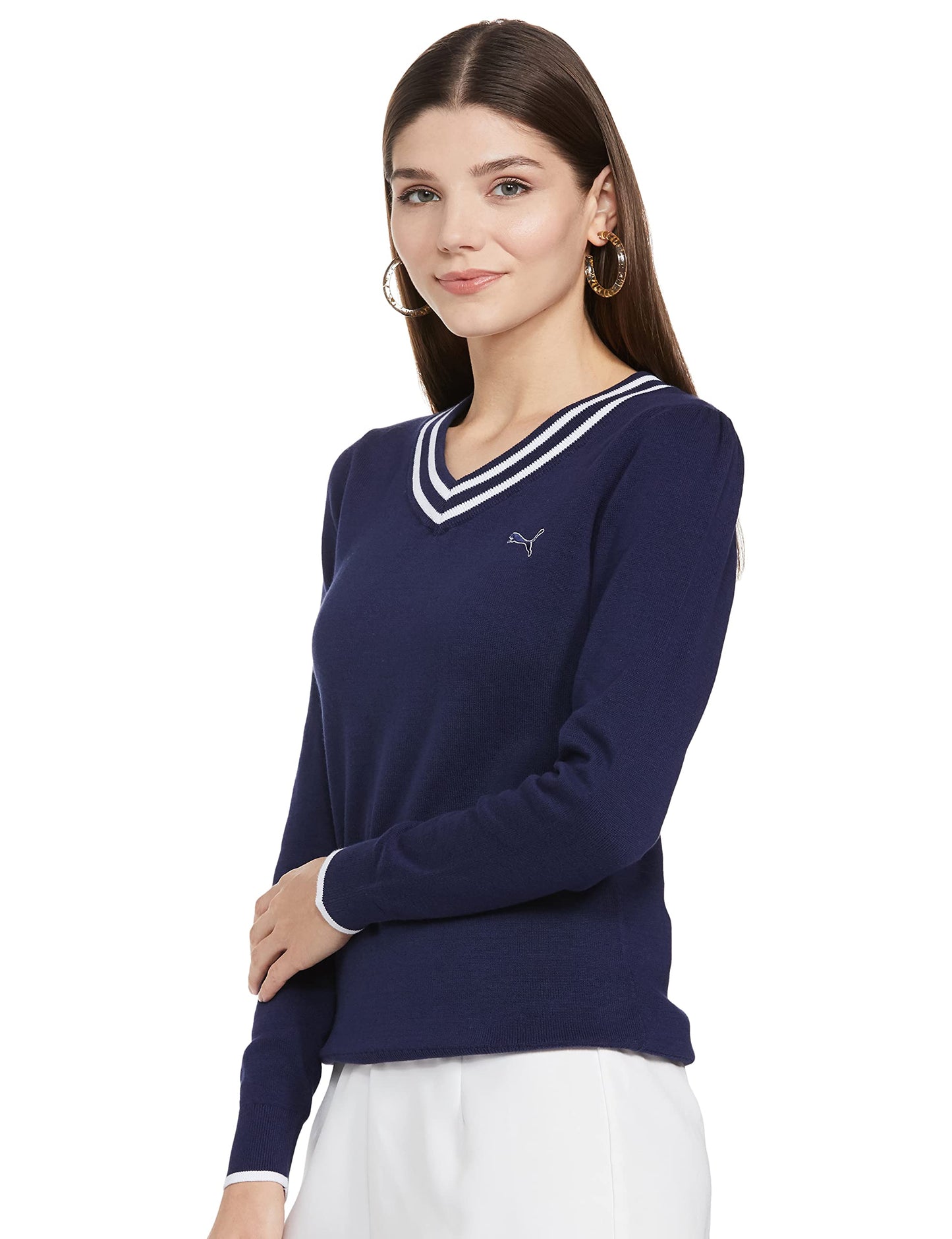 Puma Women's' Cotton V-Neck Sweater (56835502_Medieval White-Vapor Blue_S)