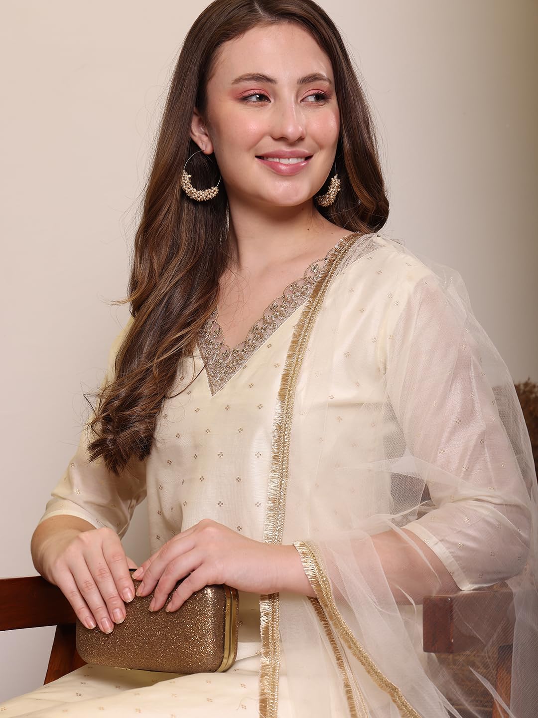 FABIAN FASHION Women’s Off-White Chanderi Straight Kurta Set with Pant & Net Dupatta | Sequinned Embroidered Ethnic Wear Kurta Pant Dupatta Set (ES_7539_OFF WHITE_L)