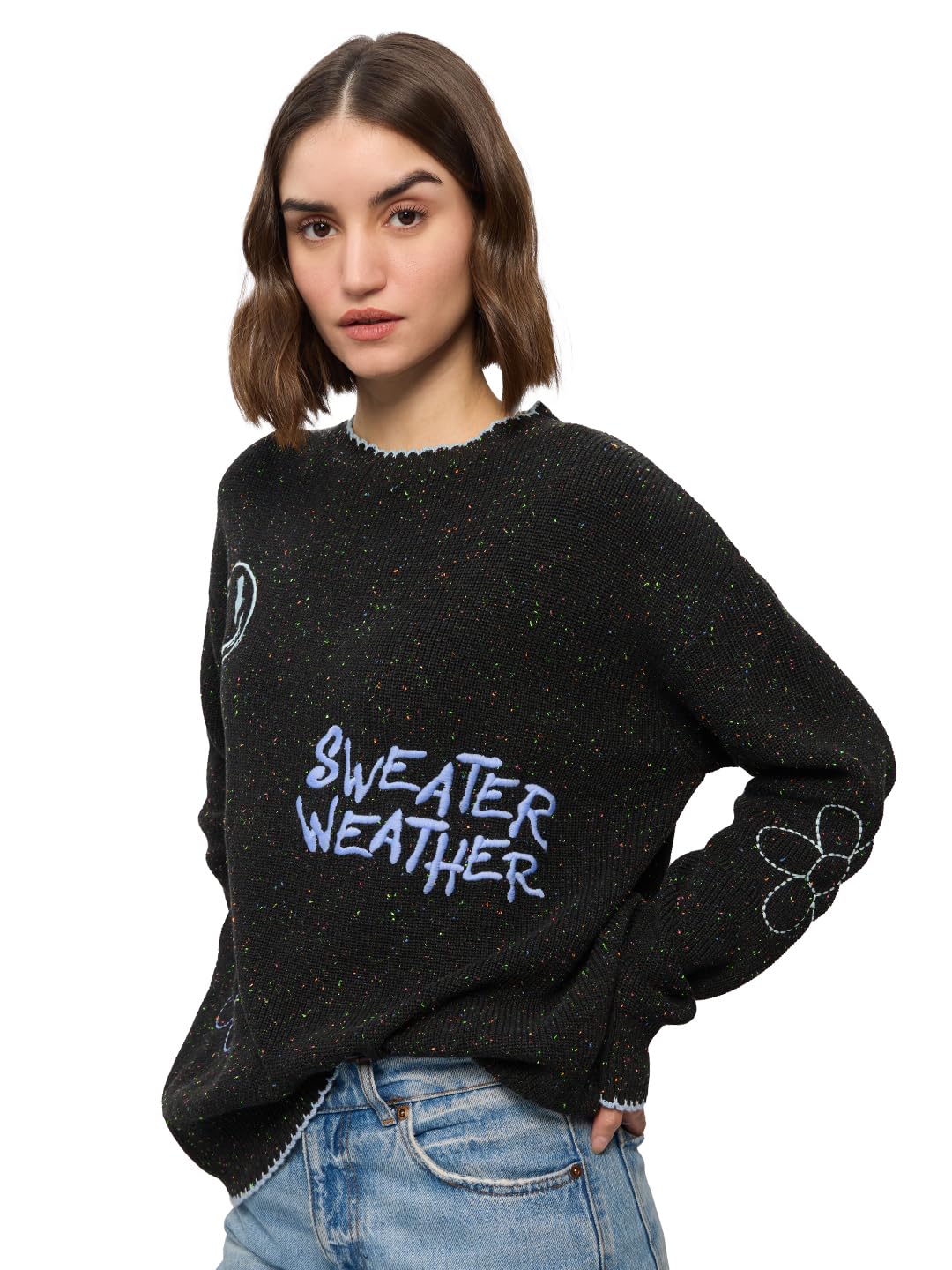 The Souled Store Sweater Weather Women and Girls Oversized Sweater Black