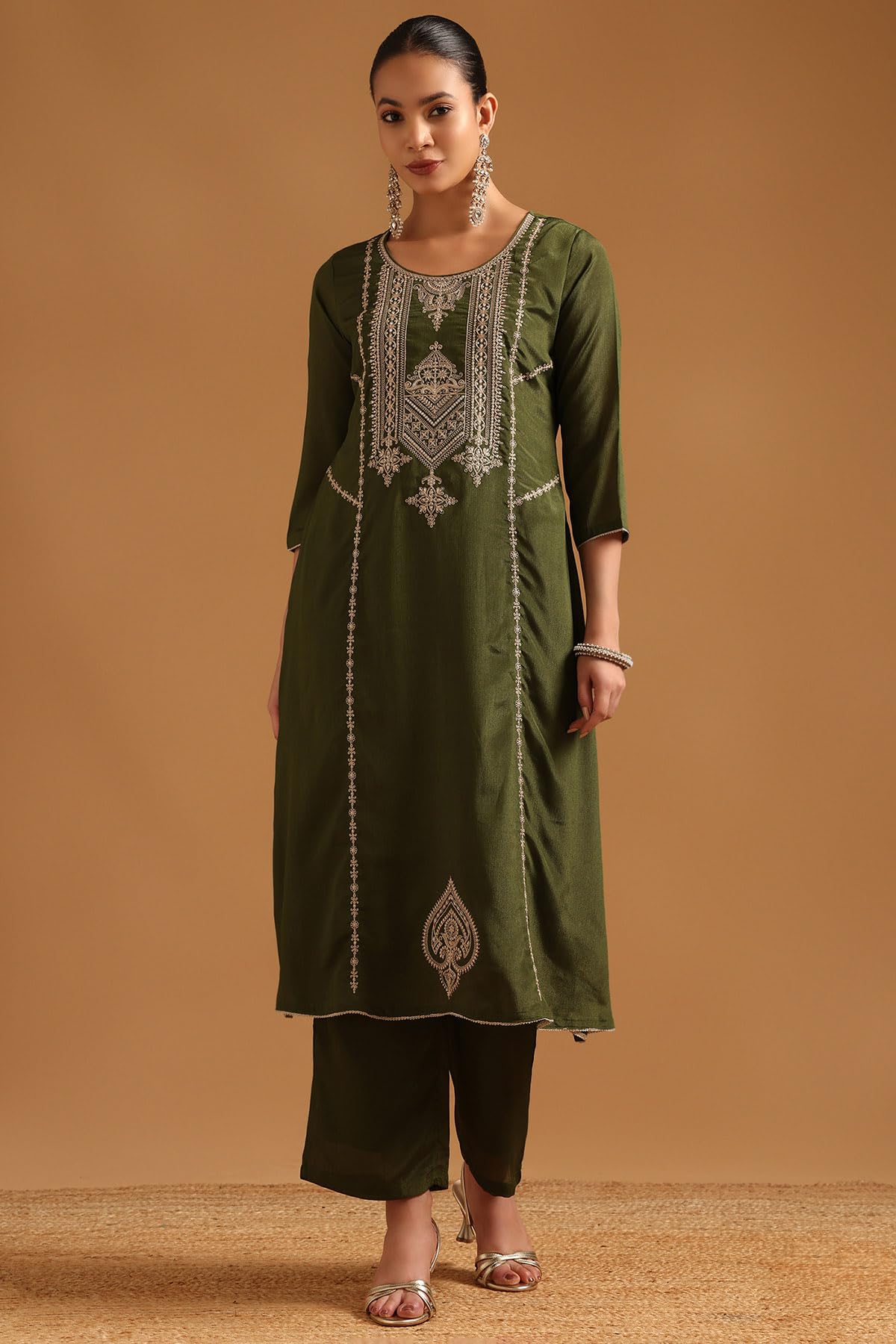 Soch Womens Green Viscose Blend Ethnic Motifs Salwar Suit With Zari
