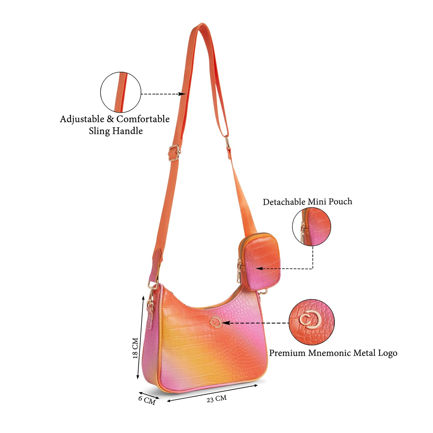 Caprese Marilyn Medium Sling Bag for Women | Croc Pattern Crossbody Bag with Detachable Mini Pouch | Adjustable Strap Shoulder Bag for Everyday Use (Coral Ombre)