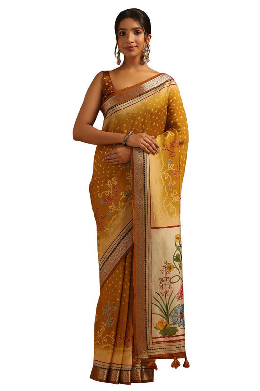Soch Womens Gold Poly Viscose Bandhani Saree