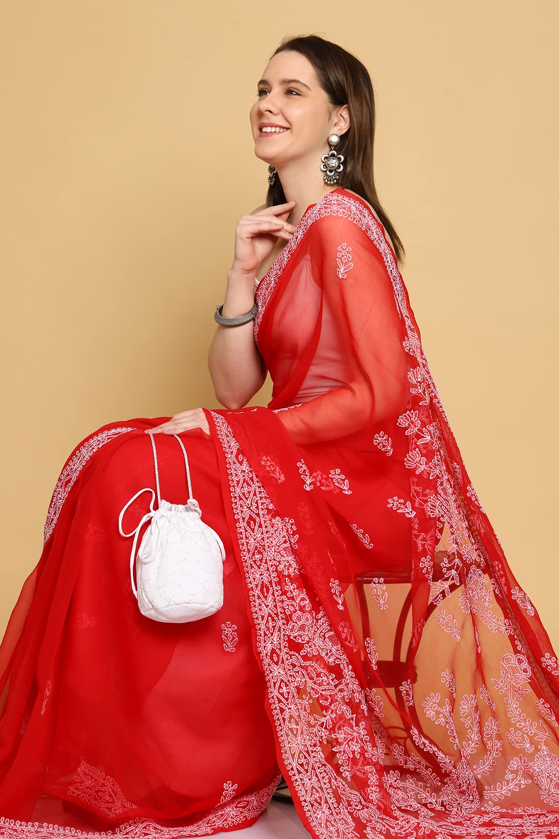 Ada Handcrafted Lucknowi Red Georgette Chikan Saree with Blouse Piece for Women A130218