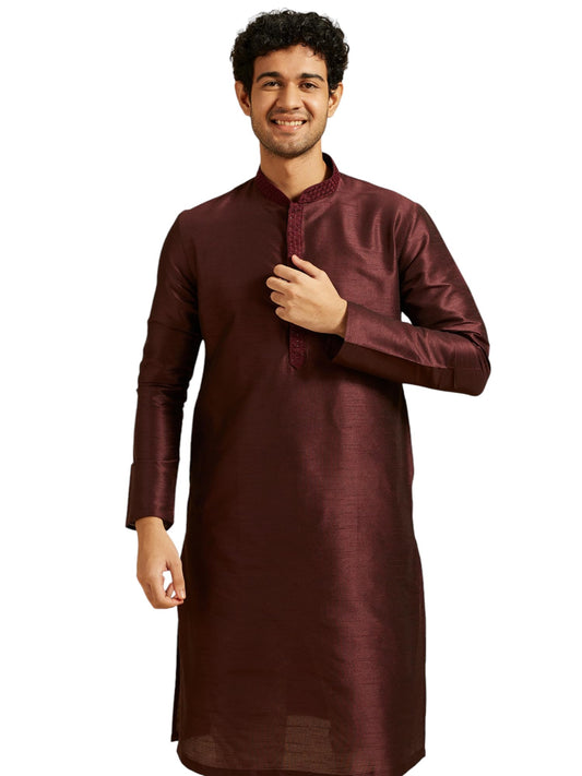 DIWAS BY MANYAVAR Men's Art Silk Solid Kurta (Wine,L)