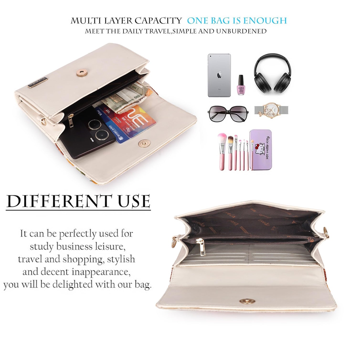 VELUCIA Embroidered Floral Clutch Purse, Gold Design, Ladies Wallet (Beige)