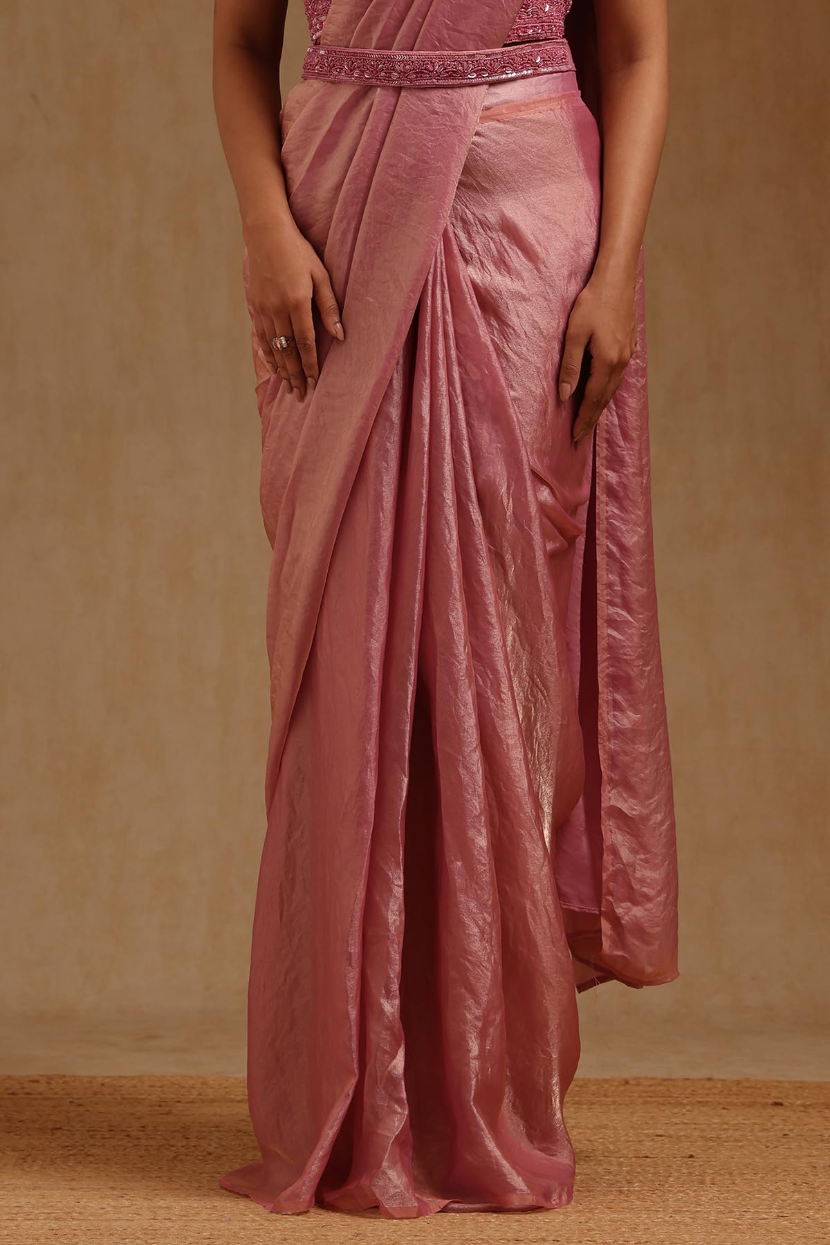 Soch Womens Onion Pink Organza Solid Ready To Wear Saree