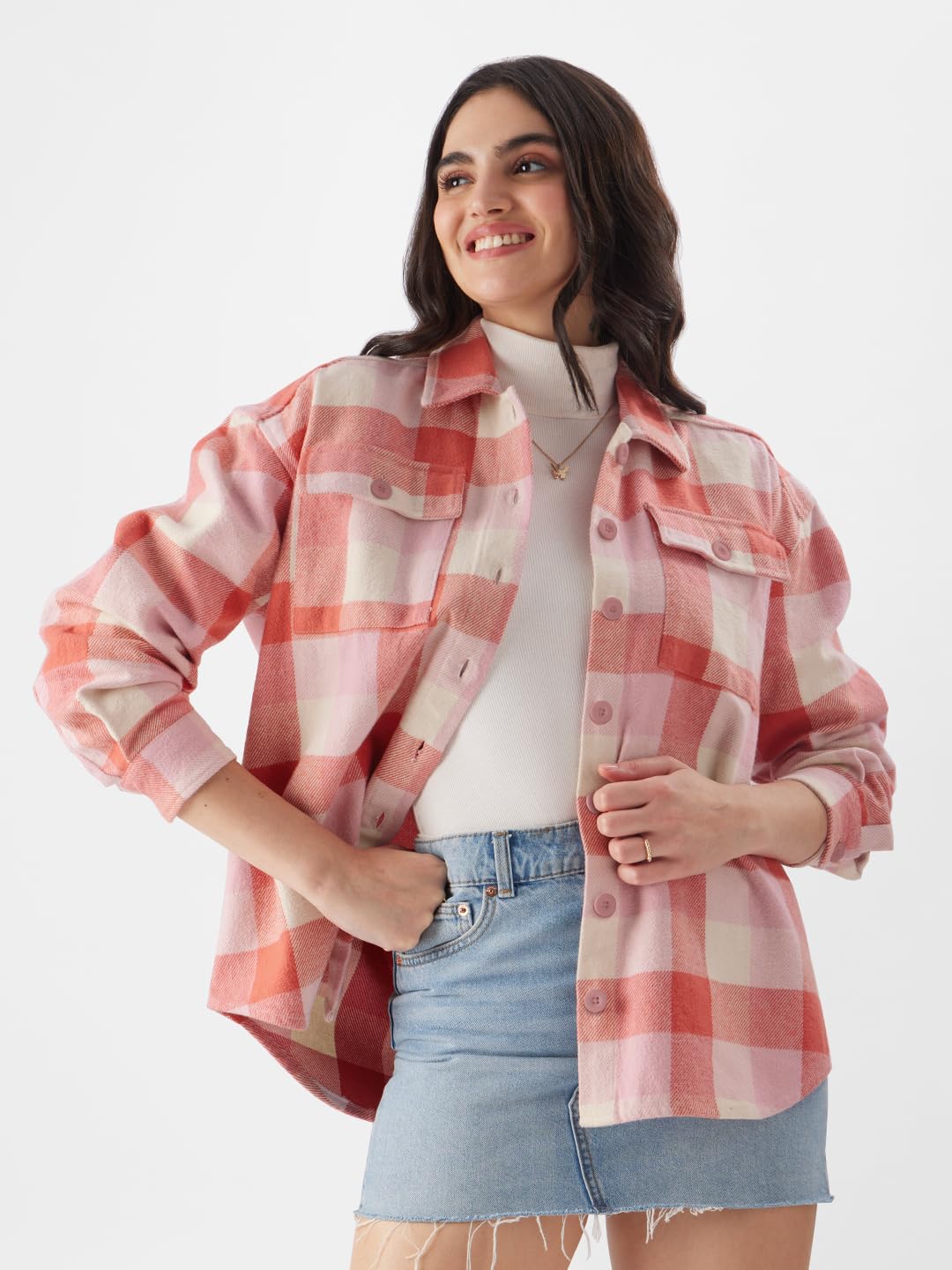 The Souled Store TSS Originals: Fairy Rose Women Shackets Shackets Casual Plaid Oversized Quilted Winter Flannel Sherpa-Lined Stylish Fashion Trendy Classic Checkered Cozy Button-Up Utility