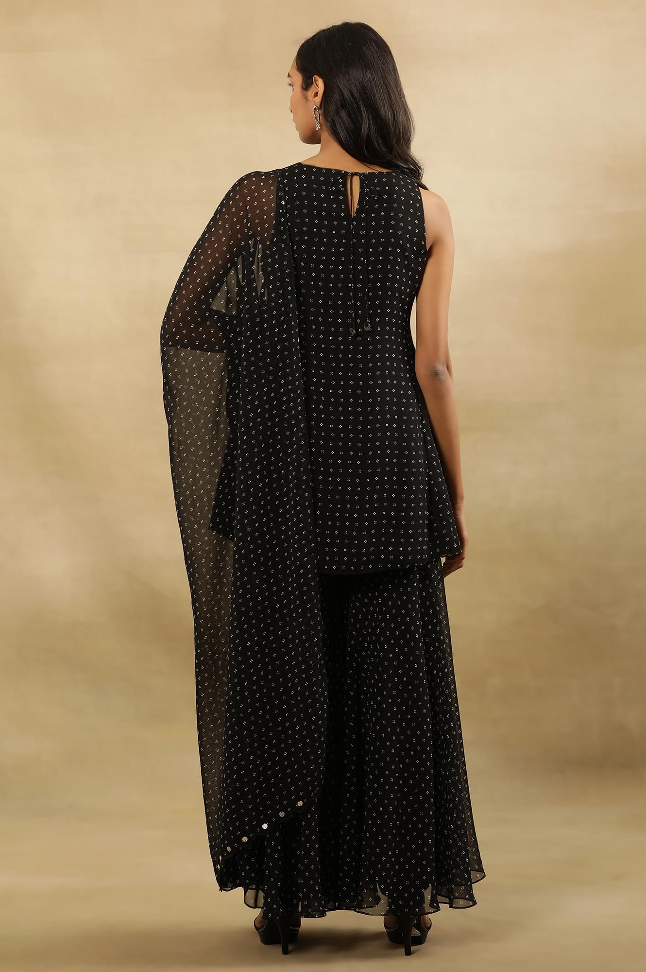 W for Woman W Women Black Festive Geometric Print Georgette Kurta Set, Sharara & Dupatta_24FEWS10619-123035_3XL